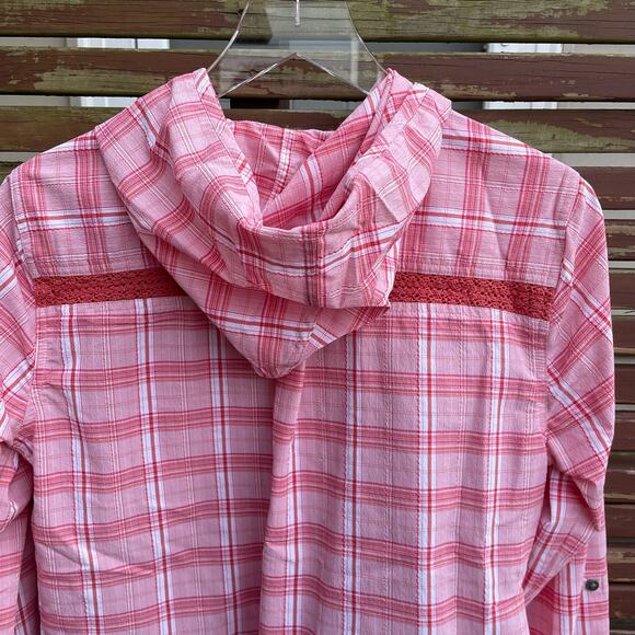 Prana Anja Hooded Shirt Plaid Roll Tab Button-Front Pullover Pink Size Medium - Picture 6 of 10